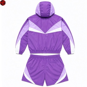 Conjunto Deportivo Cortavientos Color Morado con Bloques de Color, Chaqueta con Capucha y Cremallera y Pantalones Cortos, Unisex - Product Image 6