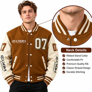 Veste varsity marron pour homme avec numéro 07, boutons pression et manches contrastées - Product Image 4