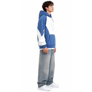 Sweat-shirt à capuche décontracté pour homme, bleu et blanc, à blocs de couleur, manches raglan, motif gaufré, coupe oversize, pour l'automne - Product Image 5