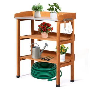 Tavolo da Lavoro per Orticoltura in Legno da Giardino con Piano in Metallo, 2 Ripiani e 3 Ganci - Product Image 1