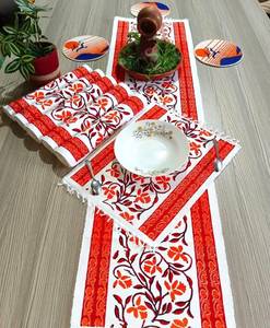 Traditional Red Geometric Cloth Place Mats Set with Center <b>Runner</b> Square <b>Washable</b> Table Mats for Home Decor Made in Bangladesh - Product Image 3