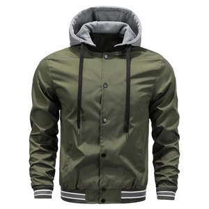 Blouson bomber à capuche vert olive pour homme, coupe classique, coupe-vent, couleur unie, 100% laine, logo sur le devant, vêtement d'automne - Product Image 2