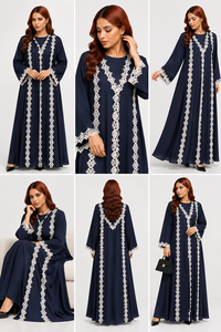 Abaya pour femme bleu marine en dentelle brodée, manches longues, coupe ample, longueur ras du sol, robe islamique modeste, vente en gros EAU OEM ODM - Product Image 2