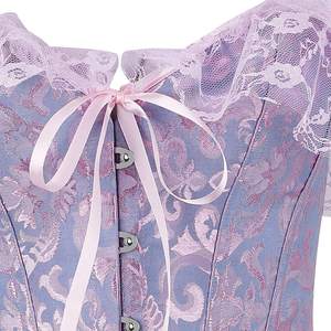 Corsé de mujer con hombros descubiertos, volantes de encaje y lazo en tela estampada morada y azul, diseño moldeador firme para adultos - Product Image 5