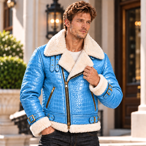 <b>Mens</b> Purple for Embossed Leather <b>Shearling</b> Breathable Silk Lining Biker Jacket Fur Collar Winter Motorcycle <b>Coat</b> OEM - Product Image 3