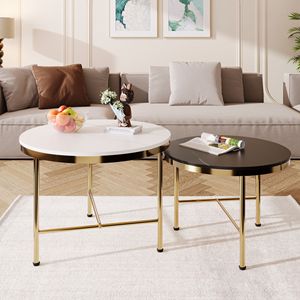 Set di Tavolini da Caffè Moderni a 2 Pezzi, Nero e Bianco, con Piano in Pietra Sinterizzata e Base Dorata, Misure 60 cm e 45 cm - Product Image 1