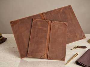 Elegant Genuine Leather Menu Holder 2 Fold Restaurant Menu Cover Wholesale Custom Menu Booklet Wine List <b>Folder</b> ALM-0069B - Product Image 1