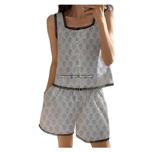 Women Summer Nightwear Lace <b>Trim</b> Shorts Pajama Set Stylish Spring/Summer Floral Sleeveless Pj Set Block Print Wholesale - Product Image 2