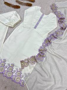 <b>Women's</b> off <b>White</b> Silk Straight <b>Suit</b> with Embroidered Dupatta Indian Pakistani Ethnic Wear Quick Dry All Seasons - Product Image 5