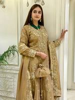 Ensemble Kurti Palazzo Élégant Doré en Soie avec Broderie de Perles et Rivets, et Dupatta, pour Femme, Robe de Soirée Festive