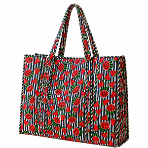 Sac fourre-tout matelassé en coton imprimé pastèque, imprimé à la main, avec fermeture éclair, motif rayé, design tendance toutes saisons, 18 pouces - Product Image 1