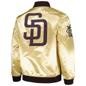 Custom Champagne Gold Satin Varsity Jacket Men Brown Trim Bomber Jacket Wholesale Letterman Baseball Uniform - Product Image 2