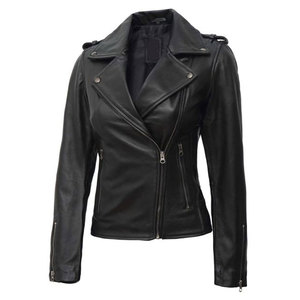 Black Asymmetrical 100% Real Lambskin Leather Motorcycle <b>Jacket</b> for Women Slim-Fit Classic Lapel Collar - Product Image 1
