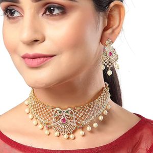 Gold Plated Zinc Alloy Ruby Imitation Pearl Flower Design Necklace Earring Set Ethnic Women's Wedding Jewelry Partywear - Product Image 2