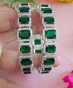 Silver Plated Brass Women's BANGLES with <b>Red</b> Green Moissanite Geometric Design Trendy Party Gift Jewelry - Product Image 2