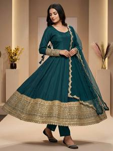 Ensemble de costume Anarkali vert sarcelle avec dupatta pour femme |   Ensemble Kurti et pantalon de créateur brodé or lourd |   Tenue de fête de mariage ethnique - Product Image 1
