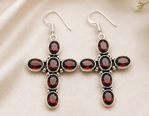 Natural Red Garnet Cross <b>Earrings</b> 925 <b>Sterling</b> <b>Silver</b> Handmade <b>Dangle</b> <b>Earrings</b> Vintage Gemstone Jewelry for Women - Product Image 1