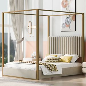 Letto a baldacchino imbottito beige queen size con testiera e struttura in metallo - Product Image 1