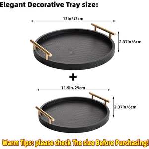 Modern Round <b>Decorative</b> <b>Trays</b> with Handles <b>Black</b> Crocodile Texture 2Pcs Set - Product Image 4