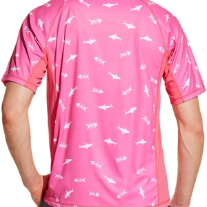 เสื้อแรชการ์ดแขนยาวสีชมพูสำหรับทุกเพศ พิมพ์ลายฉลามสีขาว ป้องกันรังสียูวี ระบายอากาศได้ดี ผลิตจากผ้าสแปนเด็กซ์/โพลีเอสเตอร์ - Product Image 4