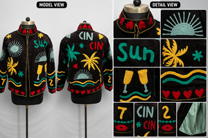 Black Embroidered Vacation <b>Jacket</b> With Sun Palm Tree And Cocktail Motif <b>Mandarin</b> <b>Collar</b> Full Sleeve Zipper Closure Summer Style - Product Image 6