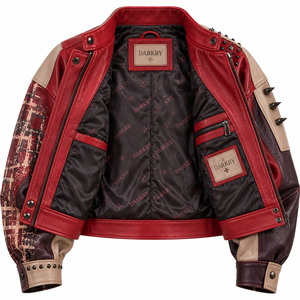 Chaqueta de cuero bomber roja con gráficos para mujer, estilo motociclista, con tachuelas, punk rock, resistente, ropa exterior, OEM, pedido personalizado de fábrica - Product Image 5