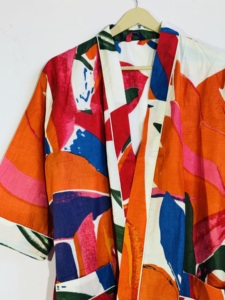 ชุดกิโมโนผ้าฝ้ายพิมพ์ลายหลากสี |   เสื้อคลุมยาวลายพิมพ์นามธรรม |   เสื้อผ้าลำลองสำหรับผู้หญิง - Product Image 3