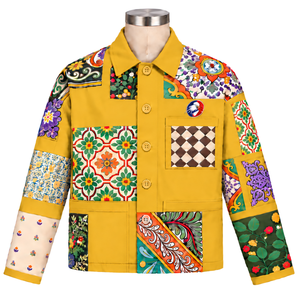 Chaqueta de trabajo amarilla mostaza con mosaico, diseño floral multicolor, abotonada, informal, de manga larga, estilo streetwear, prenda exterior de moda. - Product Image 1