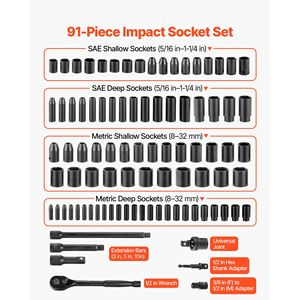 Set di chiavi a bussola a impatto da 1/2 pollice - 91 pezzi, bussole profonde e basse a 6 punte, SAE e metriche - Product Image 3
