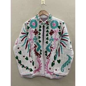 Floral Embroidered Cotton Winter <b>Jacket</b> Women Mandarin Collar Full Sleeve Open Front Handmade Design - Product Image 1