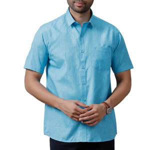 linen Rich <b>Half</b> Sleeve <b>Shirt</b> Dark Sky Blue turn-Down Collar White Single <b>Button</b> Closure Mens Linen <b>Shirt</b> Mens Summer <b>Shirt</b> - Product Image 1