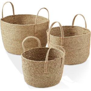 Panier de rangement ouvert en herbe naturelle tressée, corde de coton, fait main, style tendance, doublure en paille, deux poignées, imperméable, unisexe, pour l'organisation - Product Image 1