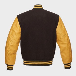 Veste universitaire en laine marron avec manches en cuir jaune, unisexe, style bomber - Product Image 2