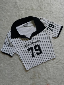 Custom Women Boxy Crop <b>White</b> Pinstripe Los Angeles 79 Collared <b>Polo</b> Crop Top T-Shirt - Product Image 1