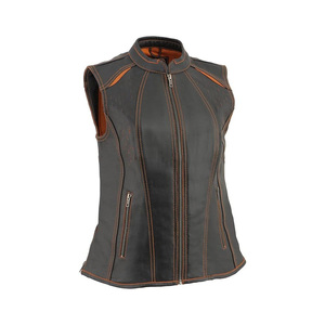 Chaleco sin mangas de cuero PU para mujer, cuello alto, cierre de cremallera, estilo motociclista, cortavientos, color liso - Product Image 1