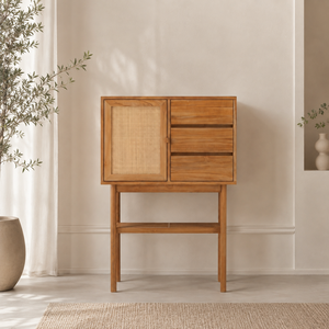 Hospitality Storage Cabinet using Teak Wood with Woven Rattan Door Drawers Open <b>Shelf</b> for Hotel Resort Villa Restaurant Projects - Product Image 1