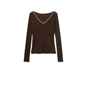 T-shirt en tricot à manches longues pour femme, col en V, marron, coupe ajustée, couleur unie, respirant, toutes saisons, style minimaliste - Product Image 5