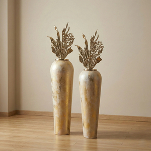 Elegant Luxury Gold Floor <b>Vase</b> Duo With Leaf Sculpture Top Tall Textured Decorative Design For Home Interior Styling - Product Image 2
