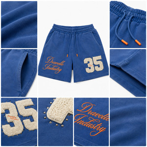 French Terry Chenille 35 <b>Patch</b> Sweat <b>Shorts</b> Cobalt Blue Y2K Streetwear <b>Men's</b> Athletic Lounge Low MOQ Custom Sport Bottoms - Product Image 5