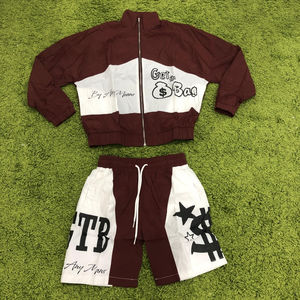 Ensemble coupe-vent en nylon personnalisé pour homme avec logo, veste zippée et short, motif uni, deux pièces pour l'automne - Product Image 1