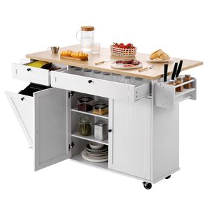 Carrello da Cucina in Rovere Marmorizzato, Larghezza 60 Pollici, Mobile con Piano Ribaltabile, 2 Cassetti, Armadietto Porta Pattumiera e Porta Coltelli - Product Image 5