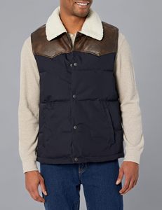 Men's Blue Puffer <b>Vest</b> With <b>Brown</b> Leather Panels And Shearling Collar Button Closure Casual Winter Outerwear - Product Image 5