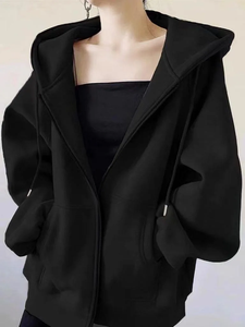 Gray Pure Color Hooded Open Sweatshirt Women's Autumn Winter <b>Fleece</b> <b>Lined</b> Lazy Style Korean Version <b>Jacket</b> - Product Image 4