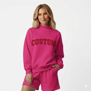 Women's Drop Shoulder Mock Neck Sweatshirt & Shorts <b>Set</b> Cotton Fleece Breathable & Eco-Friendly Material - Product Image 2