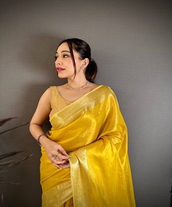 NEW ARRIVAL BANARASI <b>TISSUE</b> SILK WEAVING ZARI WORK FLOOR-LENGTH SAREE UNSTITCHED BLOUSE ETHEIC FESTIVE WEAR QUICK DRY <b>WEDDING</b> - Product Image 3