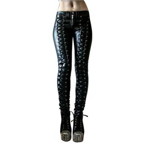 Pantalon skinny en cuir noir gothique taille haute avec lacets, longueur intégrale, décorations à rivets, fermeture éclair, pour femme - Product Image 3