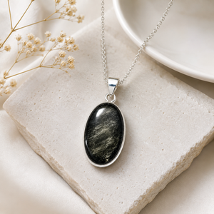 Pendentif ovale en obsidienne noire naturelle à reflets argentés, en argent sterling 925, serti à la main, avec pierre précieuse chrétienne, certifié tiers - Product Image 3