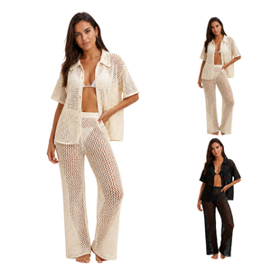 Autumn Solid Casual Knitted Women's Two Piece Cover Up Set Turn <b>Down</b> Collar Short Sleeve Top with Skinny Fit Full length <b>Pants</b> - Product Image 1