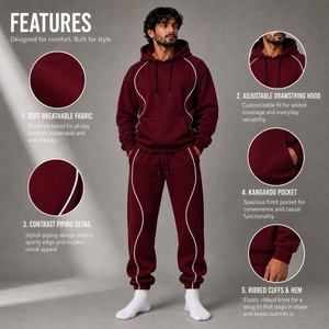 Burgundy Hooded Tracksuit Set with <b>White</b> Contrast Piping Pullover Hoodie and <b>Jogger</b> Pants for Casual Streetwear - Product Image 6