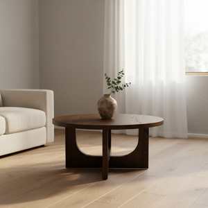 Table basse ronde moderne en bois d'hévéa durable et placage de chêne MDF KD avec design décoratif, garantie 1 an - Product Image 5